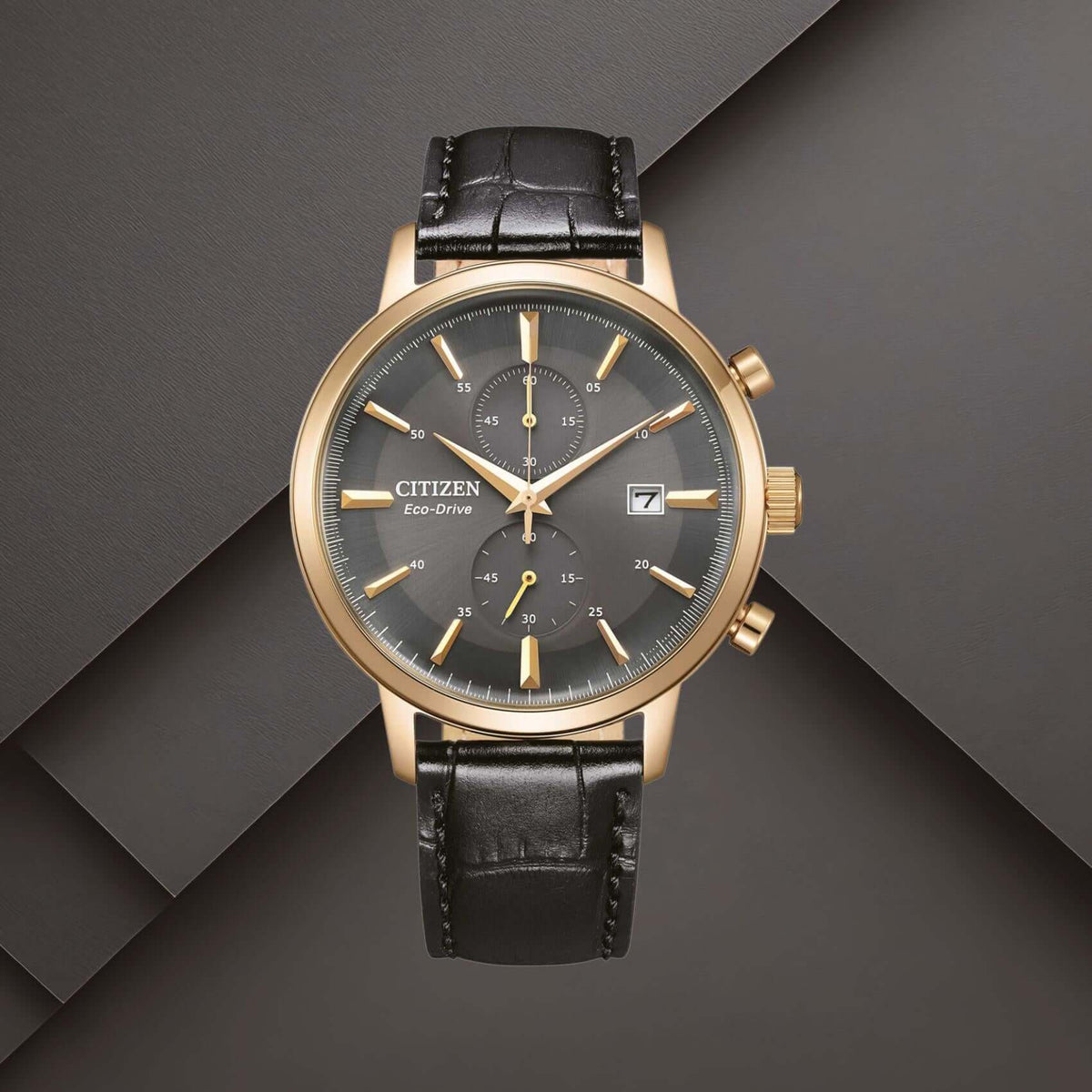 Ανδρικό ρολόι Citizen Eco-Drive CA7067-11H με γκρι καντράν 42mm, χρονογράφο, ένδειξη ημερομηνίας και μαύρο δερμάτινο λουράκι.