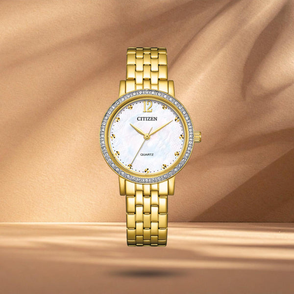 Γυναικείο Ρολόι Citizen Elegance EL3102-50D με Χρυσό Μπρασελέ & Λευκό Καντράν