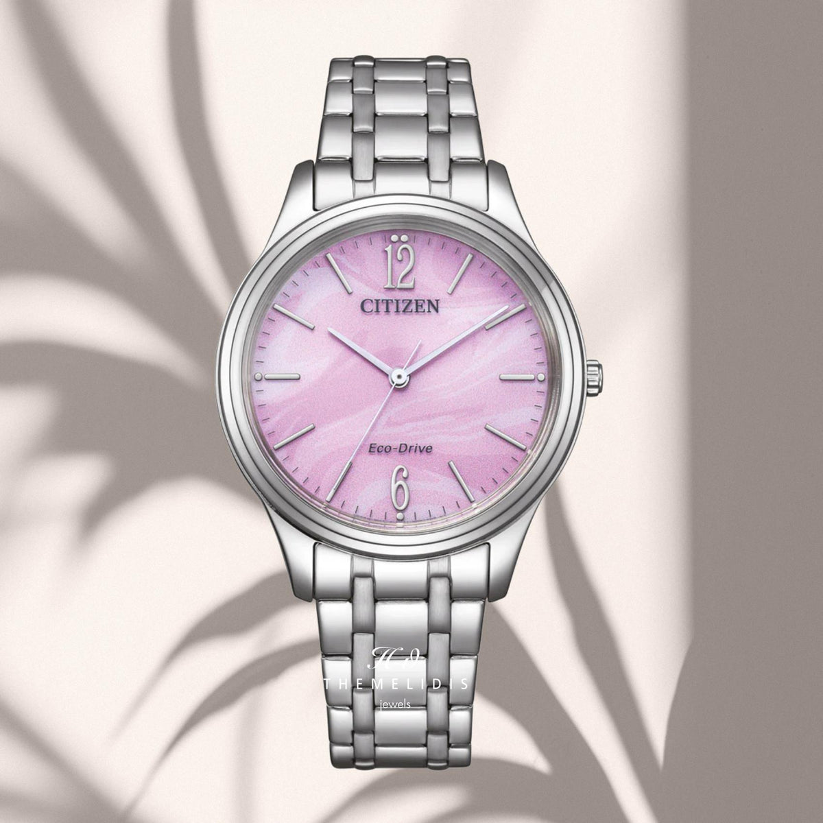 Γυναικείο ρολόι Citizen Elegance EM0411-71X με ροζ φίλντισι καντράν 34mm, στεγανότητα 5ATM και ασημί μπρασελέ από ανοξείδωτο ατσάλι