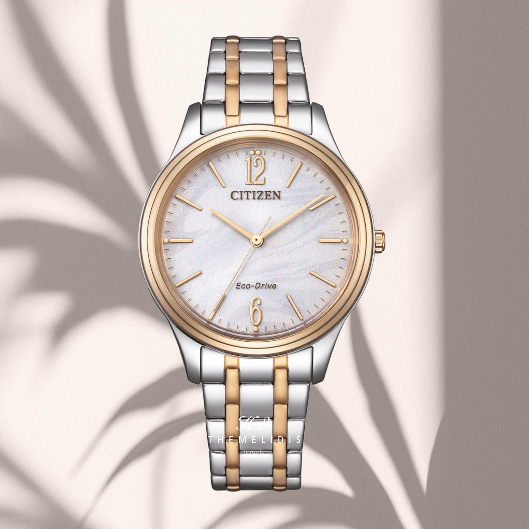 Γυναικείο ρολόι Citizen Elegance EM0416-78A με λευκό φίλντισι καντράν 34mm, στεγανότητα 5ATM και δίχρωμο ασημί-ροζ χρυσό μπρασελέ