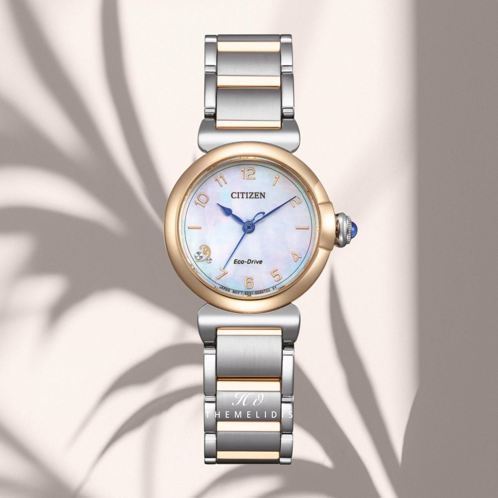 Γυναικείο ρολόι Citizen L EM1136-87D με λευκό φίλντισι καντράν με διαμάντι 26mm, στεγανότητα 5ATM και δίχρωμο ασημί-ροζ χρυσό μπρασελέ