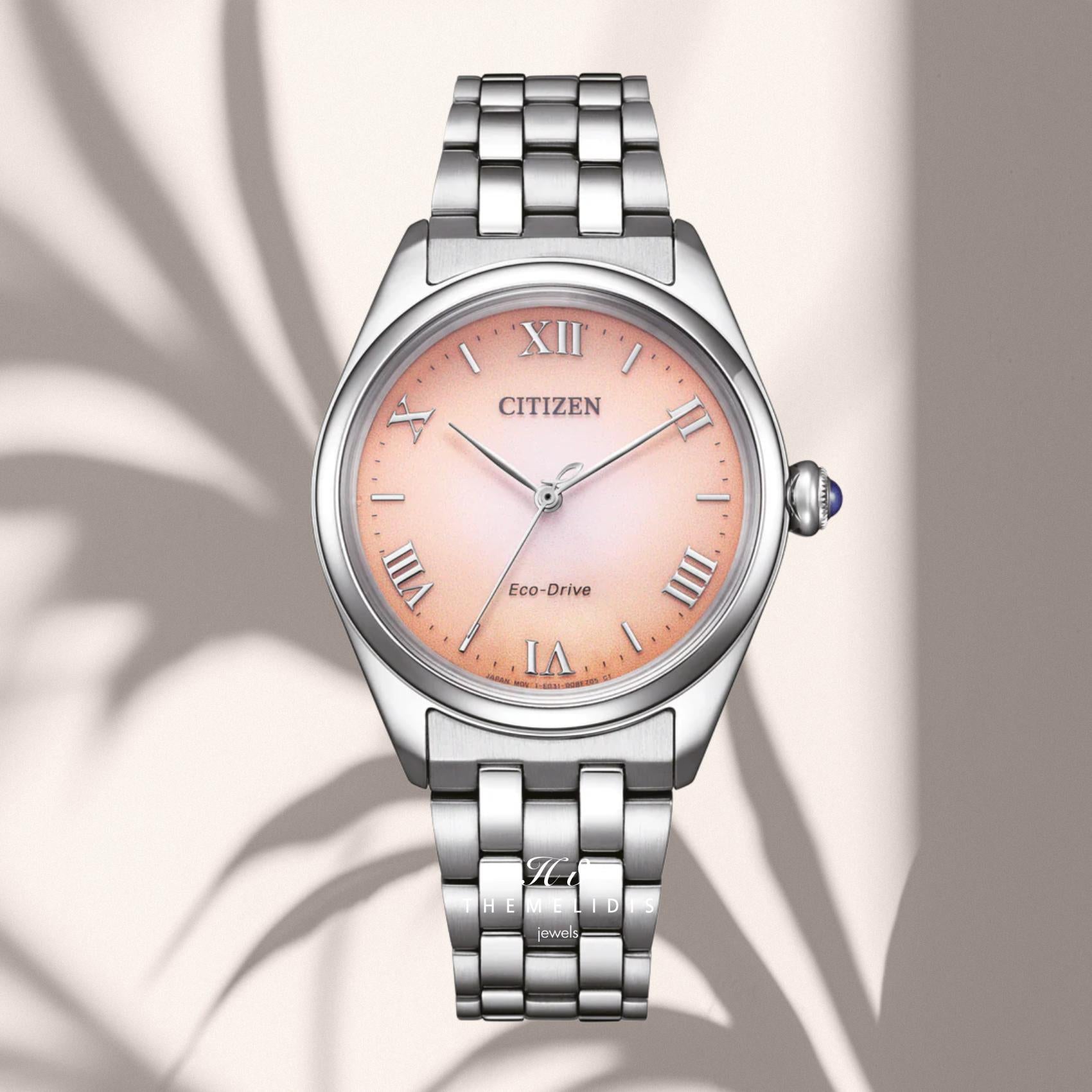 Γυναικείο ρολόι Citizen L EM1140-80X με ροζ καντράν 33mm, στεγανότητα 5ATM και ασημί μπρασελέ από ανοξείδωτο ατσάλι