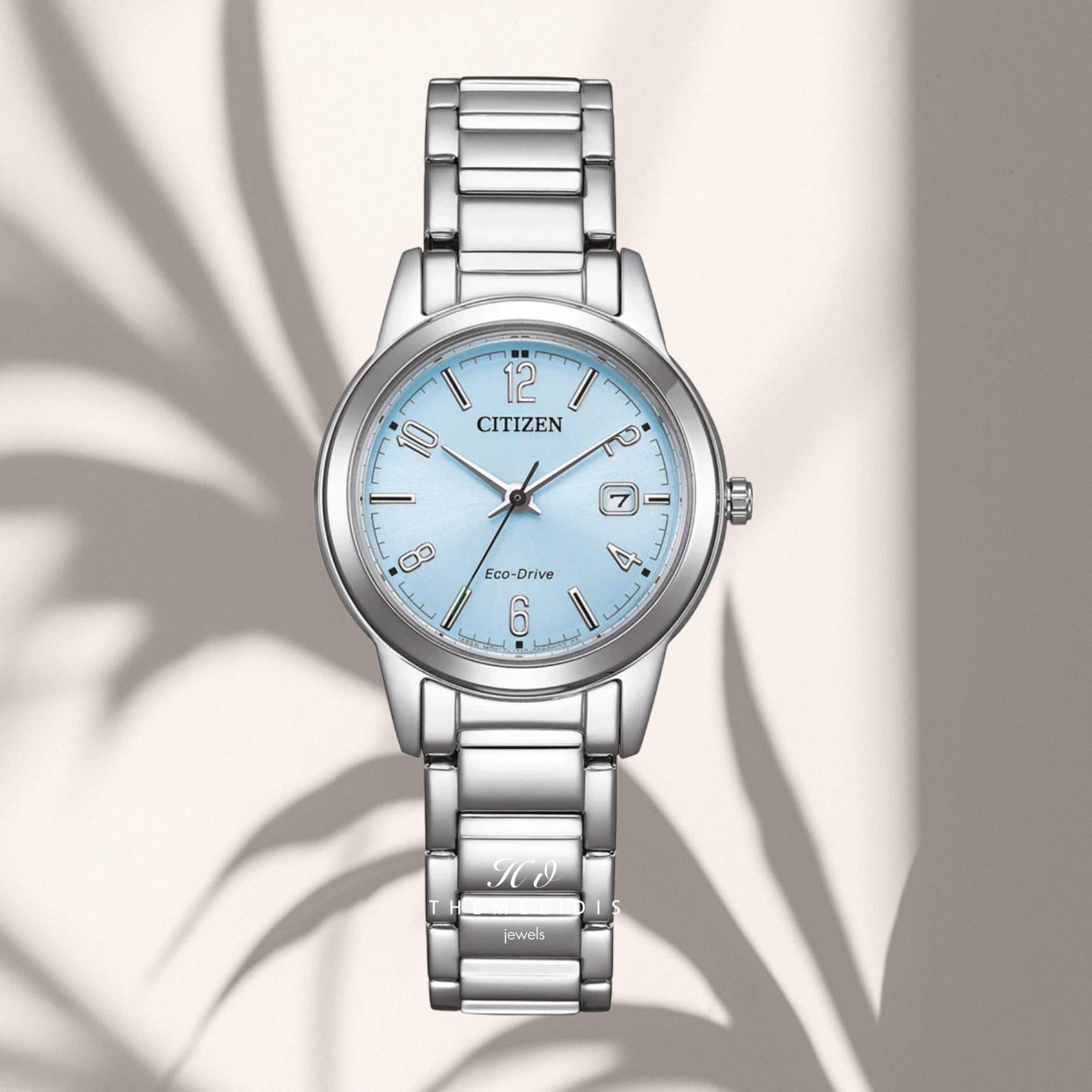 mprasele-galazio-kantranΓυναικείο ρολόι Citizen Elegance FE1241-71L με γαλάζιο καντράν 29mm, στεγανότητα 3ATM και ασημί μπρασελέ από ανοξείδωτο ατσάλι
