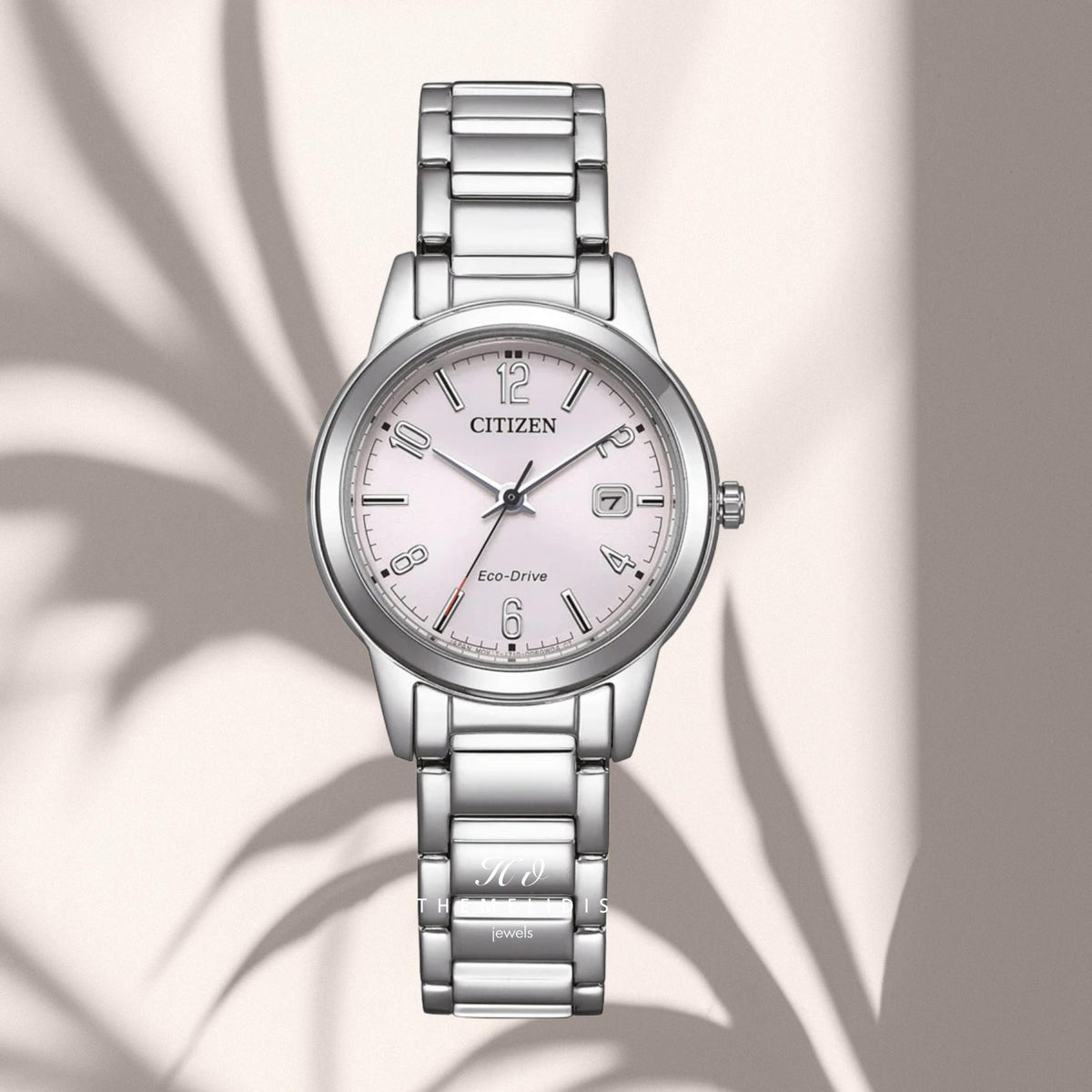 Γυναικείο ρολόι Citizen Elegance FE1241-71Z με ανοιχτό ροζ καντράν 29mm με ένδειξη ημερομηνίας, στεγανότητα 3ATM και ασημί μπρασελέ από ανοξείδωτο ατσάλι