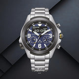 Ανδρικό ρολόι Citizen Promaster Land JV1006-51L με μπλε καντράν 43.5mm, οθόνη MIP και ασημί μπρασελέ.