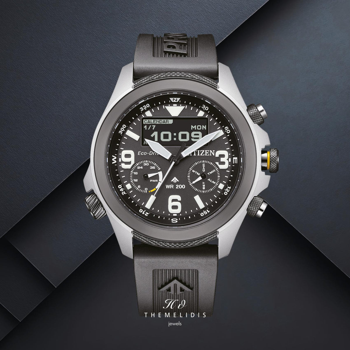 Ανδρικό ρολόι Citizen Promaster Land JV1007-07E με μαύρο καντράν 43.5mm, οθόνη MIP και μαύρο καουτσούκ λουράκι.