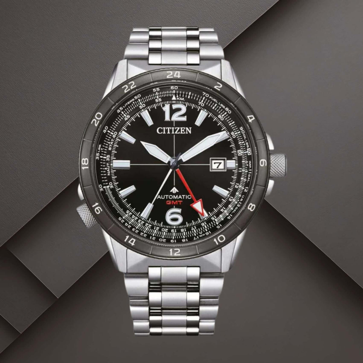 Citizen NB6046-59E ανδρικό ρολόι Promaster Mechanical GMT με ασημί ατσάλινο μπρασελέ, μαύρο καντράν 44.5mm και αχάρακτο ζαφείρι.
