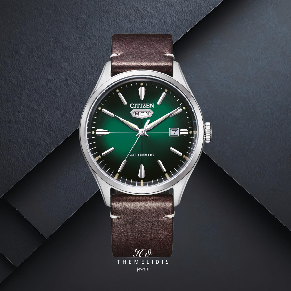 Ανδρικό ρολόι Citizen Automatic NH8390-03XE με πράσινο καντράν 40.2mm, open back αυτόματο μηχανισμό και καφέ δερμάτινο λουράκι