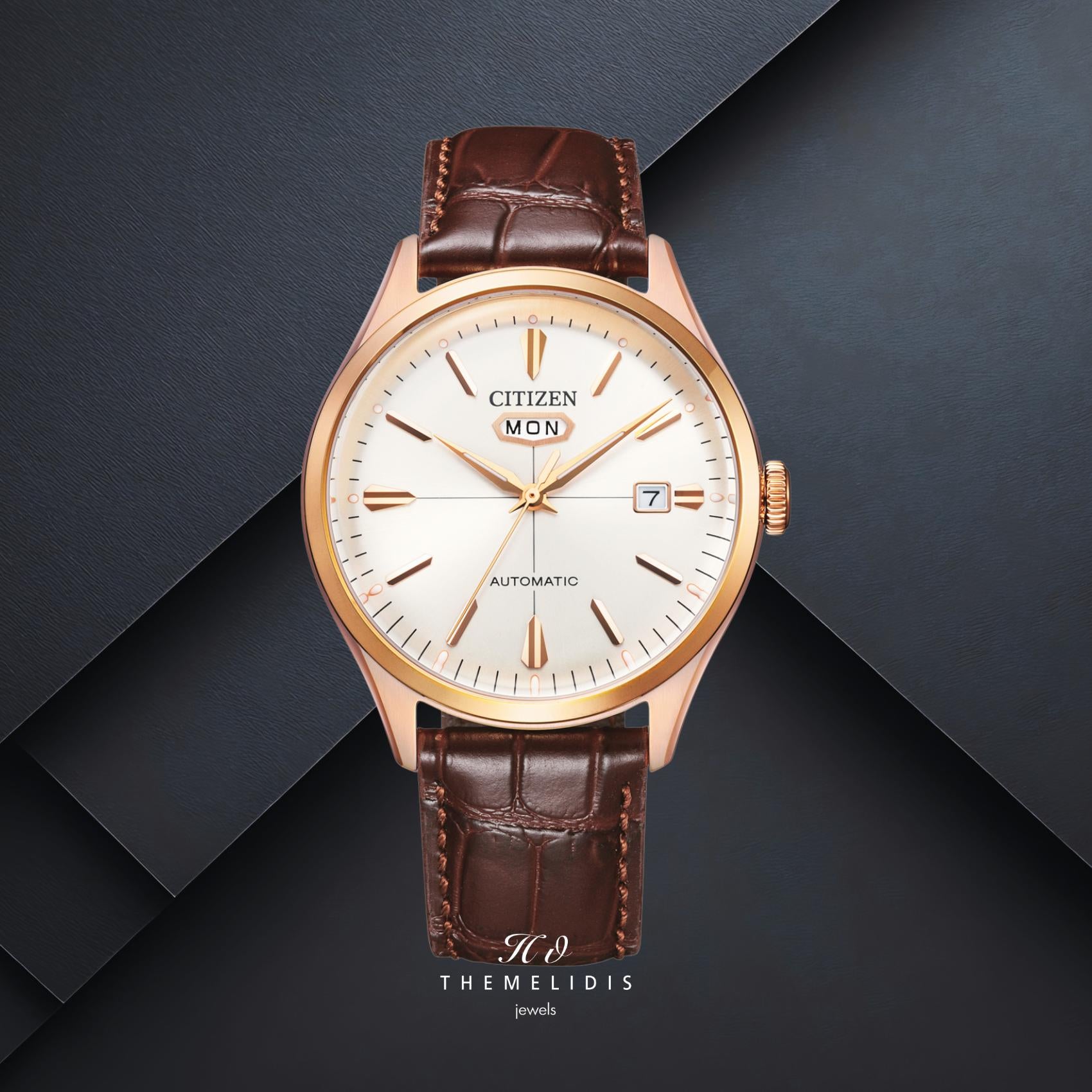 Ανδρικό ρολόι Citizen Automatic NH8393-05AE με λευκό καντράν 40.2mm, open back αυτόματο μηχανισμό και καφέ δερμάτινο λουράκι