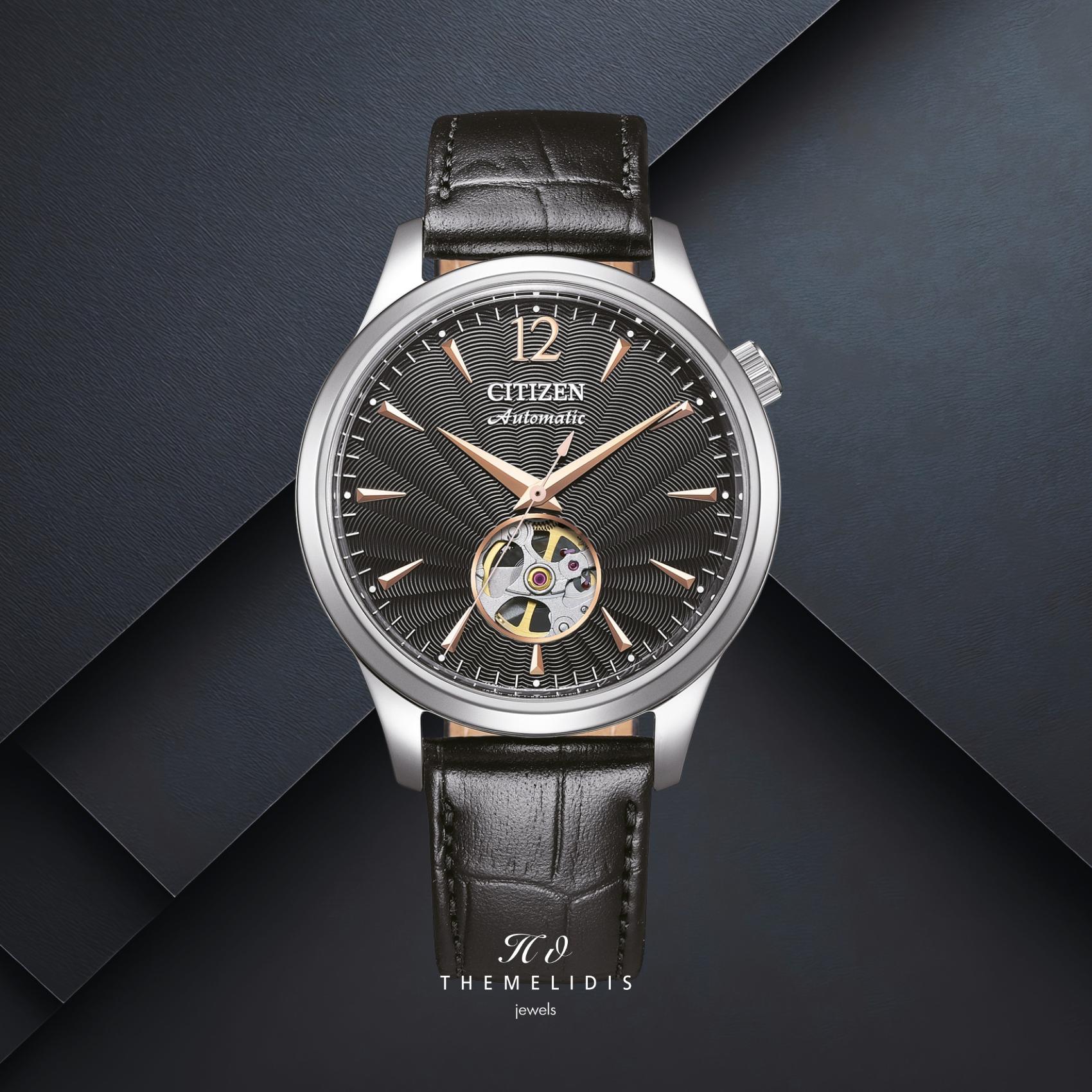 Ανδρικό ρολόι Citizen Automatic NH9131-14E με μαύρο καντράν 40mm, αυτόματο open back μηχανισμό και μαύρο λουράκι