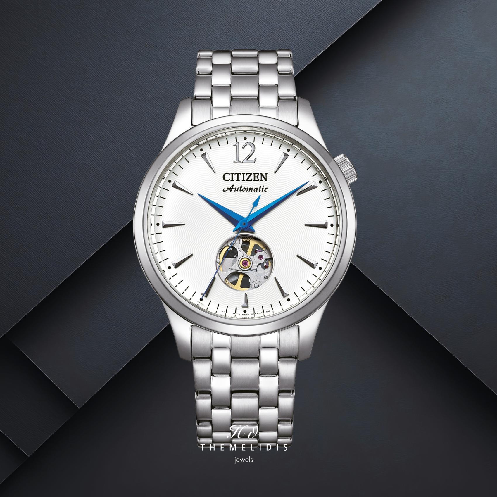 Ανδρικό ρολόι Citizen Automatic NH9131-73A με λευκό καντράν 40mm, αυτόματο open back μηχανισμό και ασημί μπρασελέ