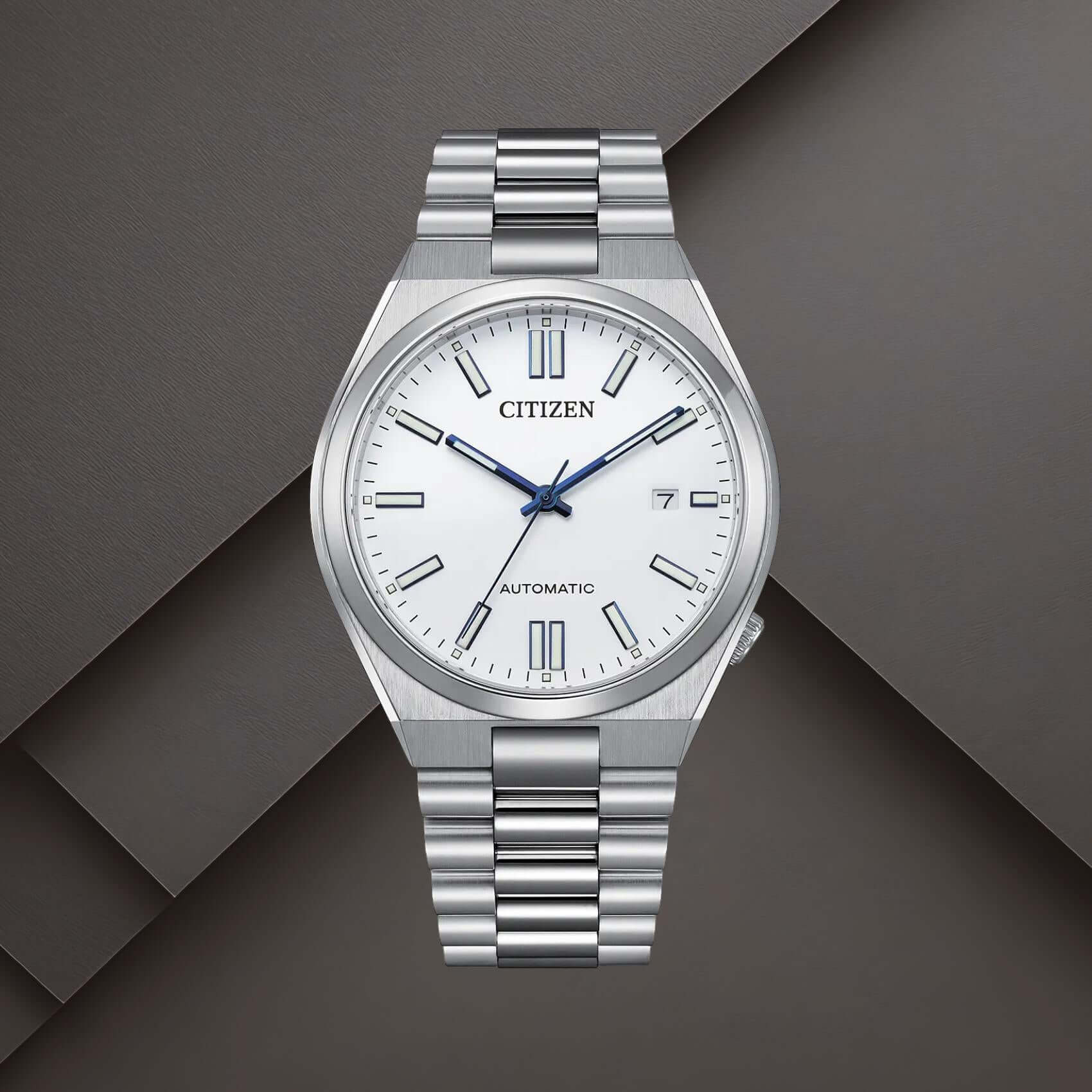 Ανδρικό αυτόματο ρολόι Citizen Tsuyosa NJ0159-86A με λευκό καντράν 40mm, ένδειξη ημερομηνίας και ασημί μπρασελέ.