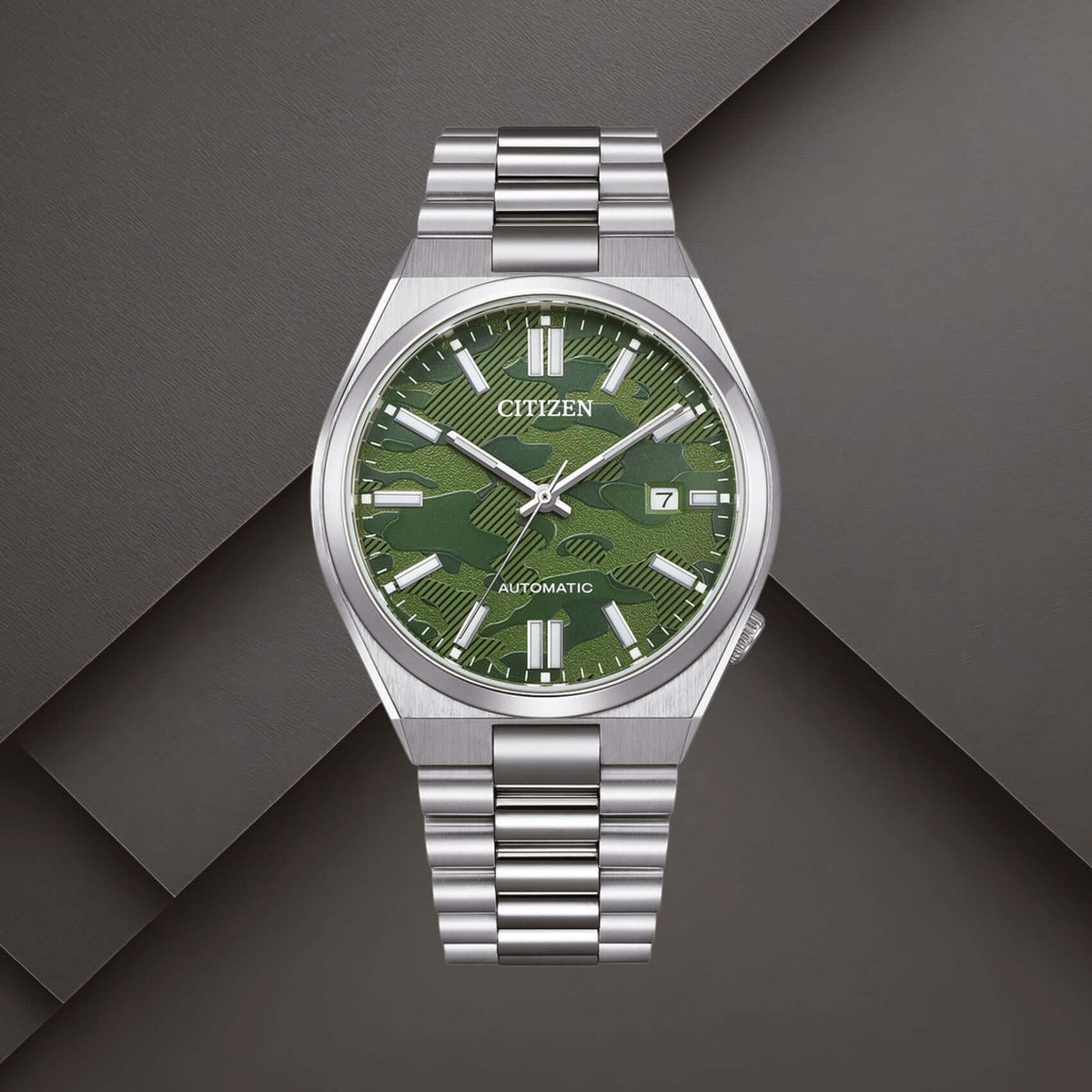 Ανδρικό αυτόματο ρολόι Citizen Tsuyosa NJ0159-86X με πράσινο καντράν 40mm, ένδειξη ημερομηνίας και ασημί μπρασελέ.