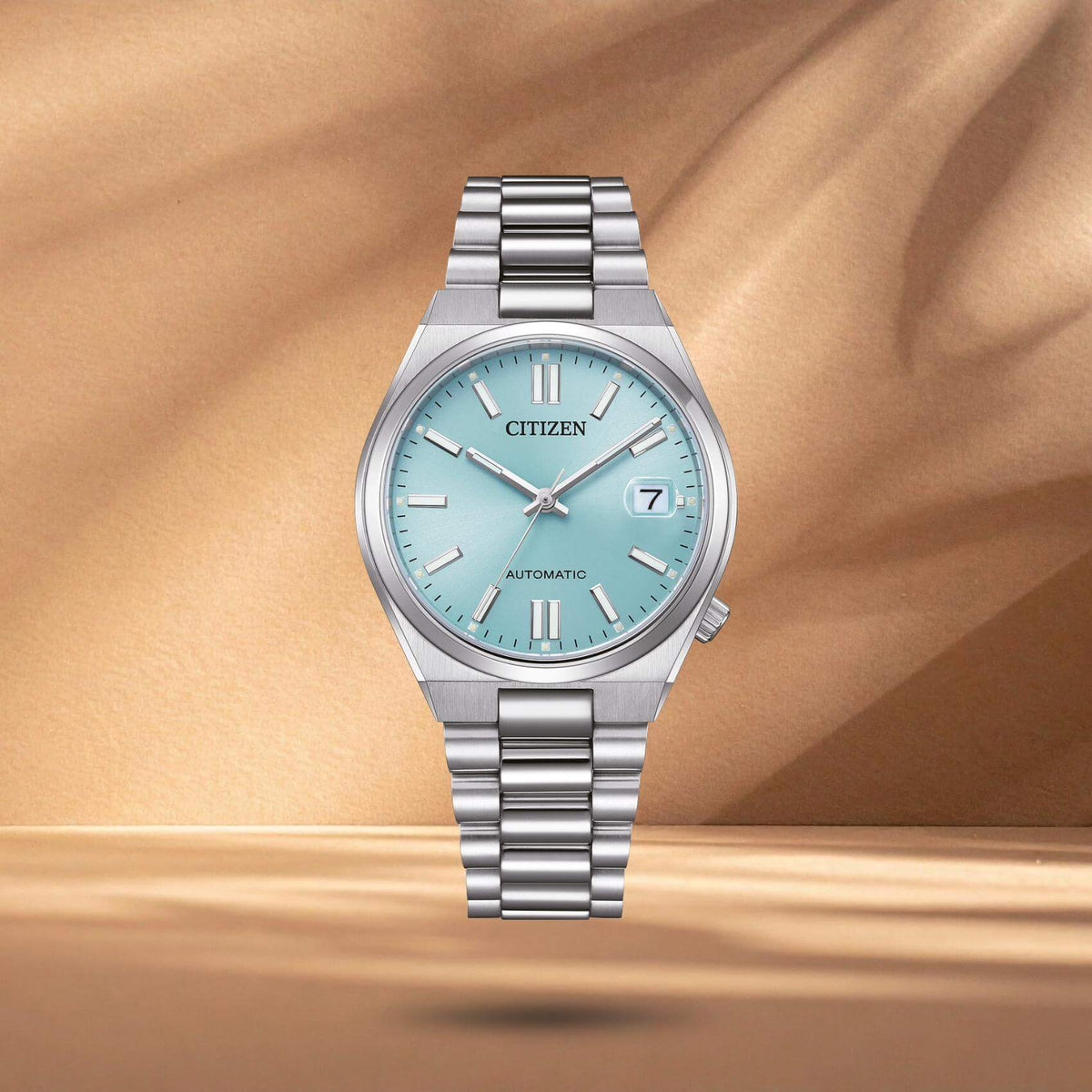 Γυναικείο αυτόματο ρολόι Citizen Tsuyosa NJ0200-50L με γαλάζιο καντράν 37mm, ένδειξη ημερομηνίας και ασημί μπρασελέ.