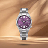 Γυναικείο αυτόματο ρολόι Citizen Tsuyosa NJ0200-50W με μωβ καντράν 37mm, ένδειξη ημερομηνίας και ασημί μπρασελέ.