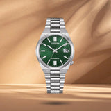 Γυναικείο αυτόματο ρολόι Citizen Tsuyosa NJ0200-50X με πράσινο καντράν 37mm, ένδειξη ημερομηνίας και ασημί μπρασελέ.