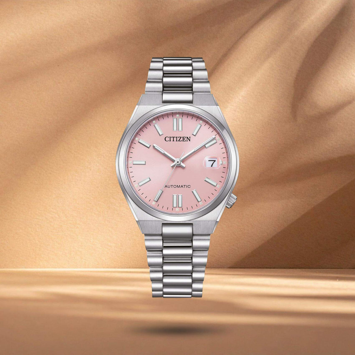 Γυναικείο αυτόματο ρολόι Citizen Tsuyosa NJ0200-50Z με ροζ καντράν 37mm, ένδειξη ημερομηνίας και ασημί μπρασελέ.