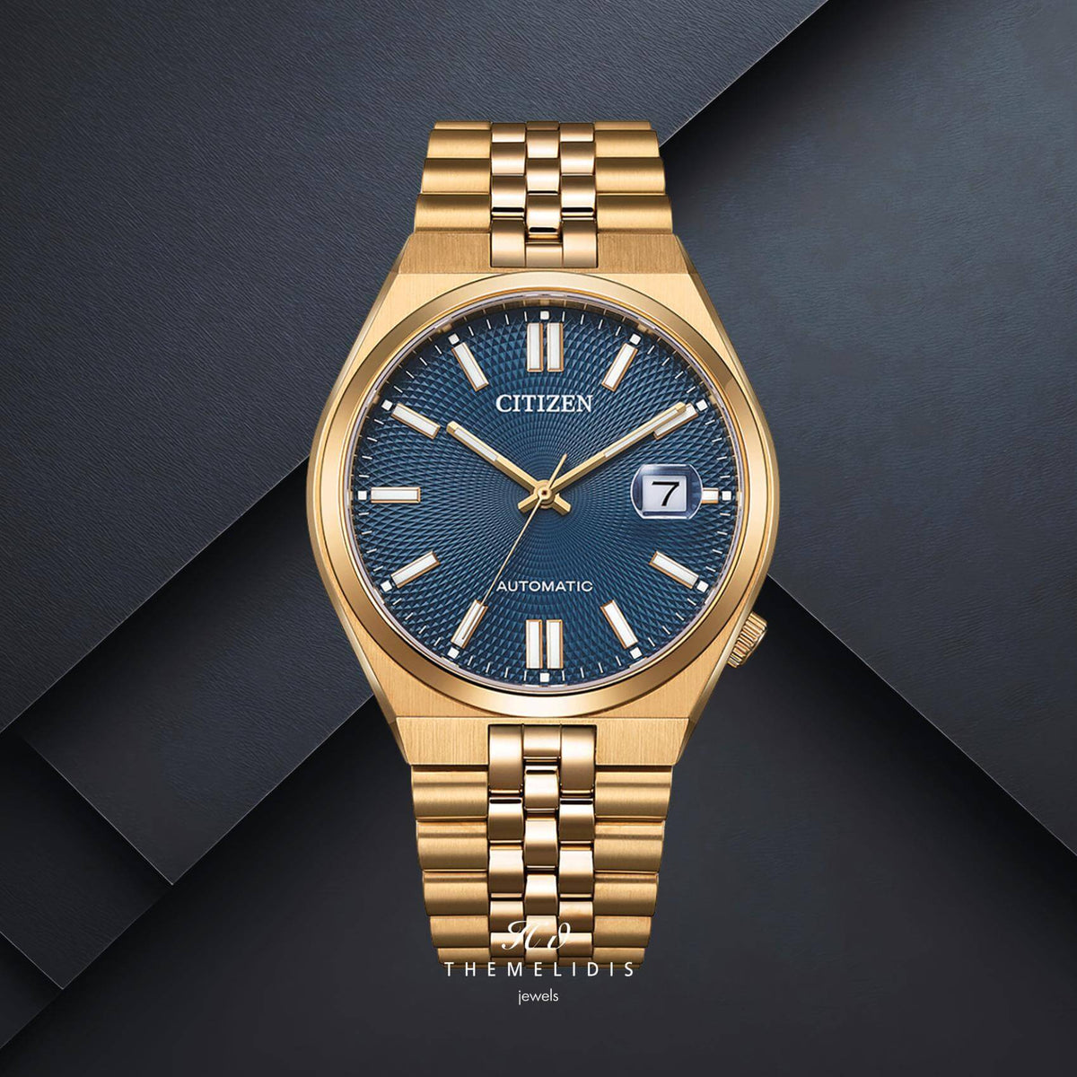 Ανδρικό αυτόματο ρολόι Citizen Tsuyosa 60 NK0023-57L με μπλε καντράν 40mm και ροζ χρυσό μπρασελέ.
