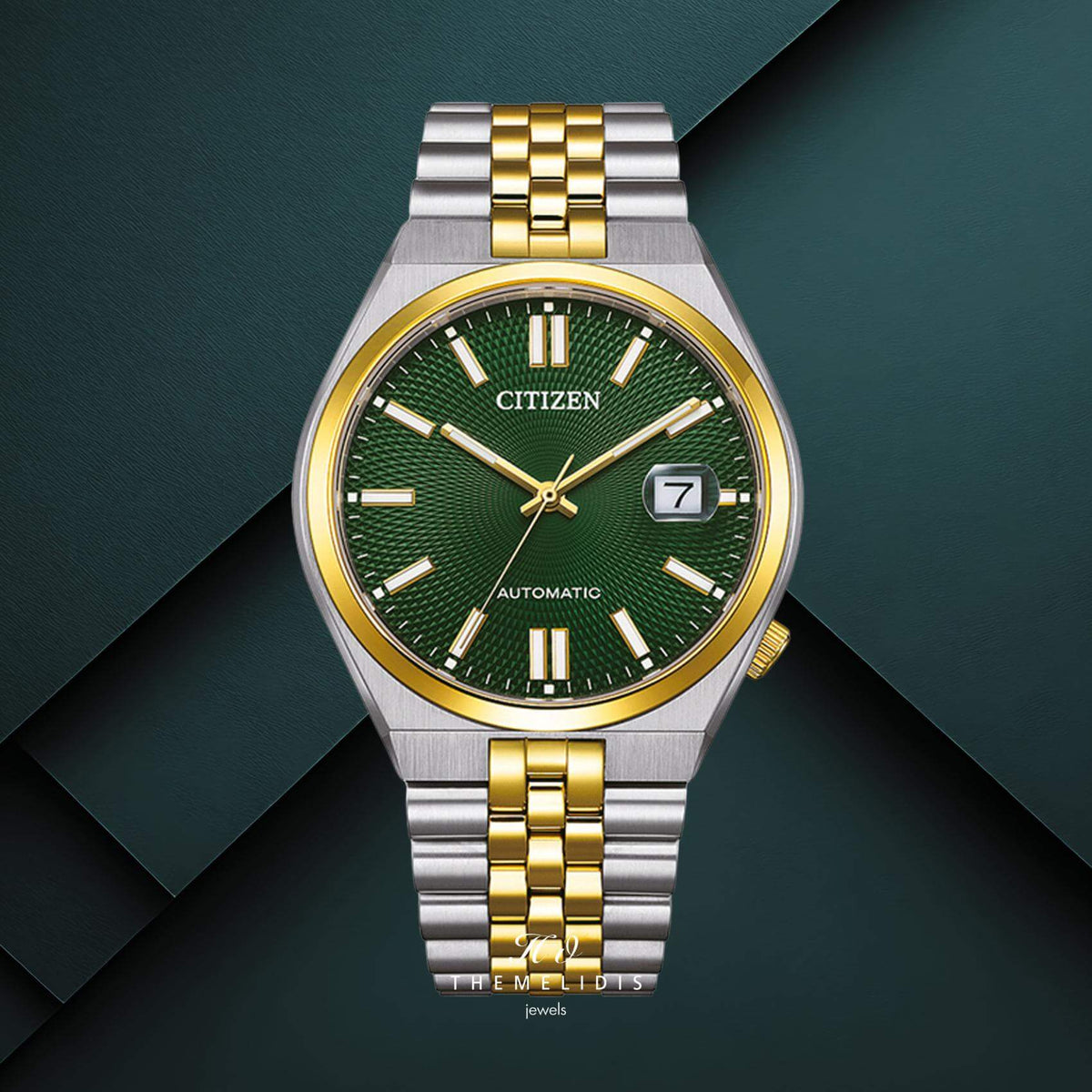 Ανδρικό αυτόματο ρολόι Citizen Tsuyosa 60 NK0024-54X με πράσινο καντράν 40mm και δίχρωμο μπρασελέ σε ασημί και χρυσό χρώμα.