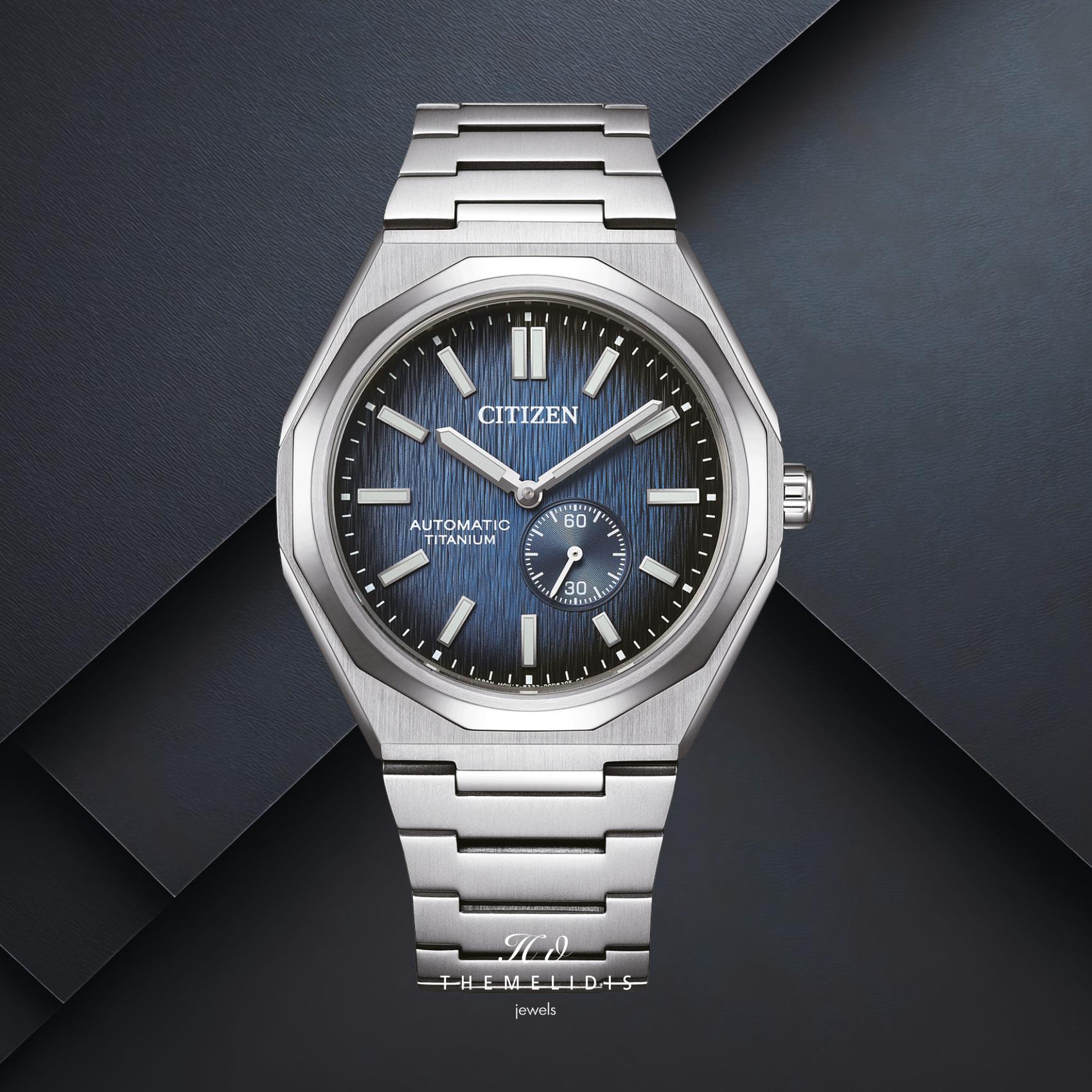 Ανδρικό ρολόι Citizen Super Titanium Zenshin 60 NK5020-58M με μπλε καντράν 41mm, αυτόματο μηχανισμό και ασημί μπρασελέ