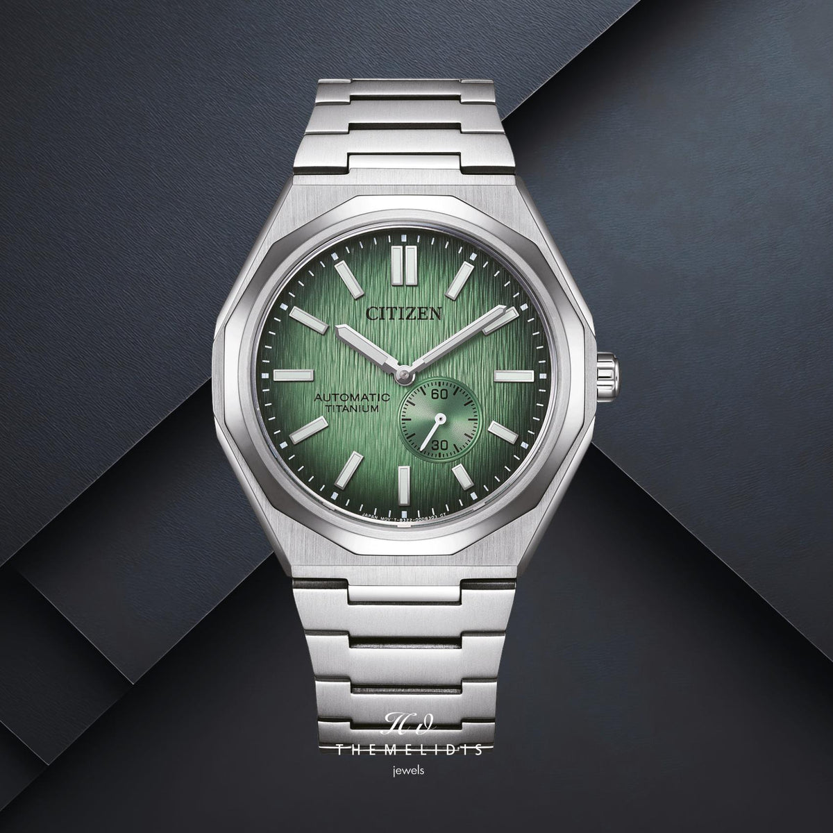 Ανδρικό ρολόι Citizen Super Titanium Zenshin 60 NK5020-58X με πράσινο καντράν 40.5mm, αυτόματο μηχανισμό Caliber 8322-21A και ασημί μπρασελέ