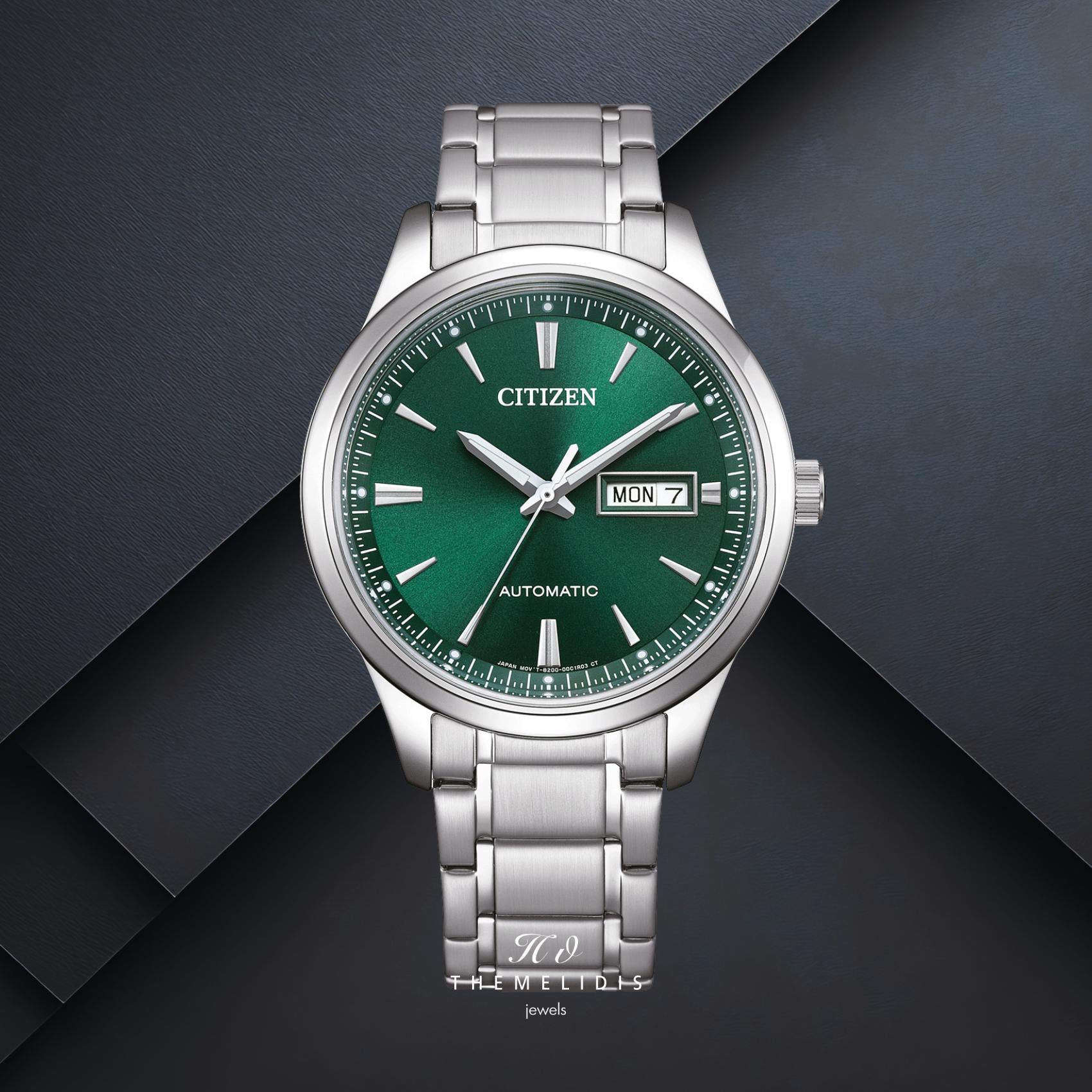 Ανδρικό ρολόι Citizen Automatic NY4058-79XE με πράσινο καντράν 40mm, αυτόματο open back μηχανισμό και ασημί μπρασελέ