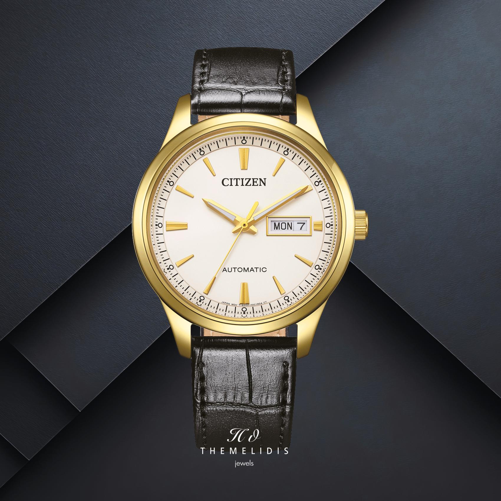 Ανδρικό ρολόι Citizen Automatic NY4059-09AE με λευκό καντράν 40mm, αυτόματο open back μηχανισμό και καφέ λουράκι