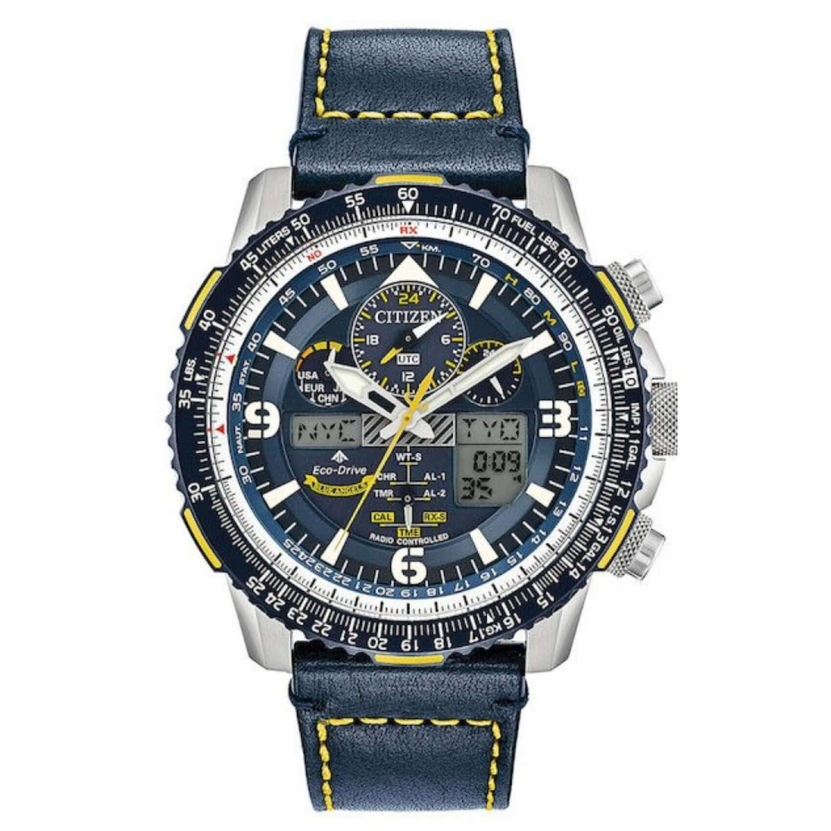 Ρολόι Citizen Promaster Skyhawk JY8078-01L Blue Angel με μπλε δερμάτινο λουράκι και μπλε καντράν διαμέτρου 45mm.