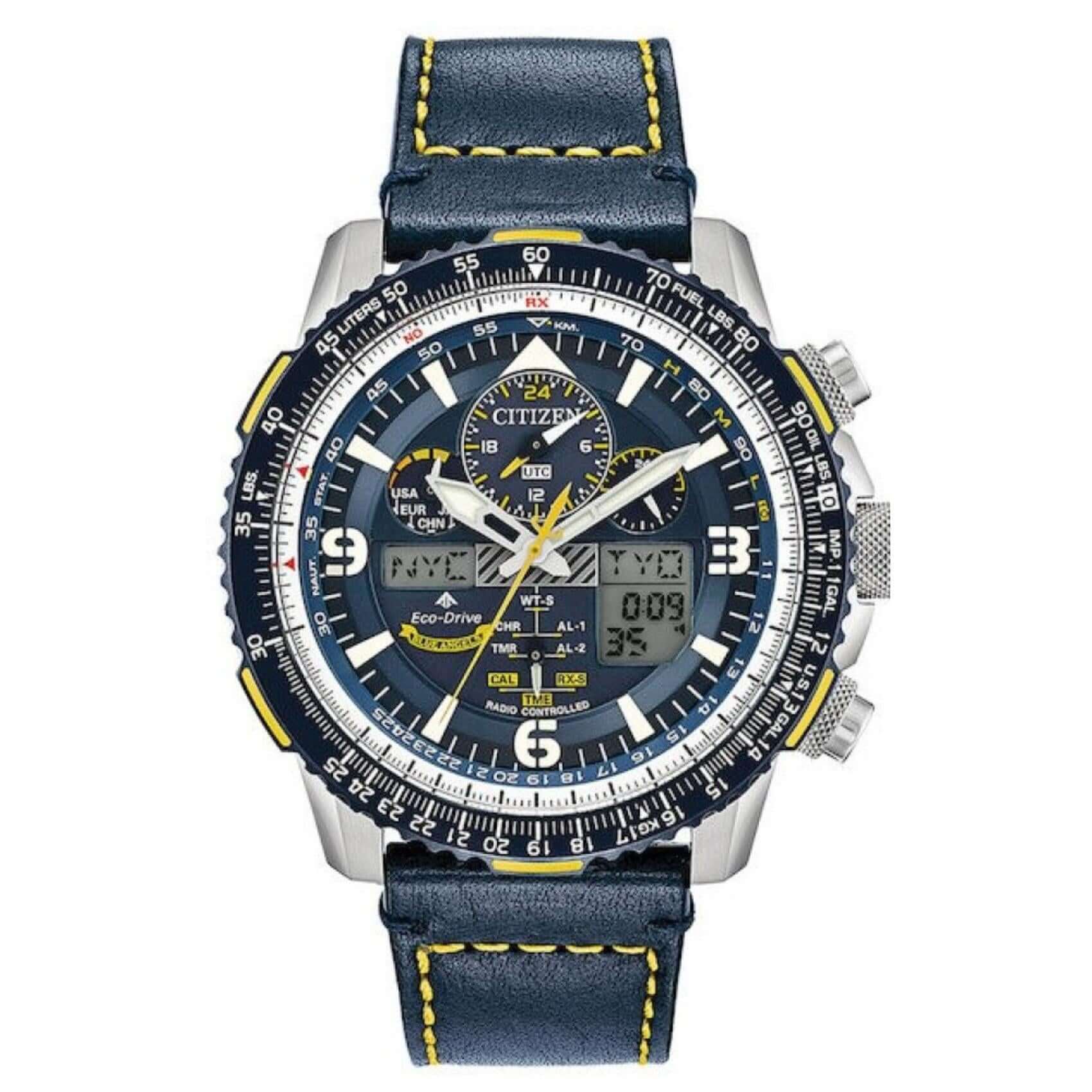 Ρολόι Citizen Promaster Skyhawk JY8078-01L Blue Angel με μπλε δερμάτινο λουράκι και μπλε καντράν διαμέτρου 45mm.
