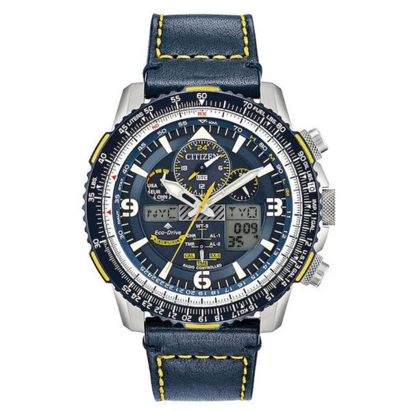 Ρολόι Citizen Promaster Skyhawk JY8078-01L Blue Angel με μπλε δερμάτινο λουράκι και μπλε καντράν διαμέτρου 45mm.
