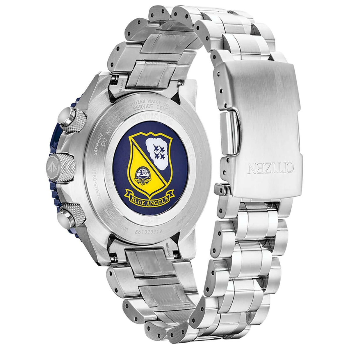 Καταδυτικό ρολόι Citizen Promaster Skyhawk JY8078-52L Blue Angel με ασημί ατσάλινο μπρασελέ και μπλε καντράν διαμέτρου 45mm με solar μηχανισμό EcoDrive B620 με αναλογική και ψηφιακή ένδειξη, αχάρακτο τζάμι από ζαφείρι και στεγανότητα 20ATM-200Μ.