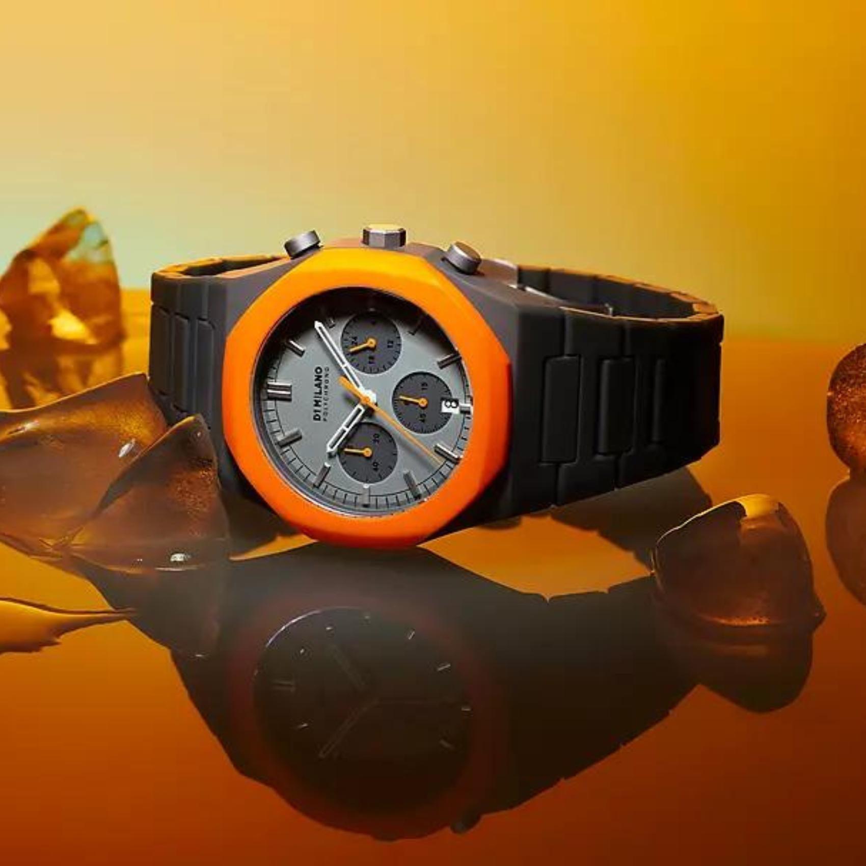 Ρολόι D1 Milano Black Blast D1-PHBJ01 χρονογράφος με ανθρακί ατσάλινο μπρασελέ και γκρι-πορτοκαλί καντράν 40.5mm με οκτάγωνο σχήμα.
