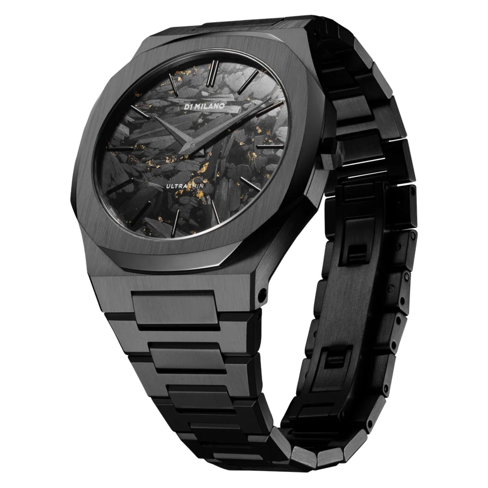 Αντρικό ρολόι D1 Milano Black Dlc Ultra Thin D1-UTBJ31 με μαύρο ατσάλινο μπρασελέ και μαύρο καντράν 40mm με οκτάγωνο σχήμα.