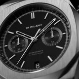 Ρολόι χρονογράφος D1 Milano New Black D1-CHBJ08 με ασημί ατσάλινο μπρασελέ μαύρο καντραν και οκτάγωνο στεφάνι με διάμετρο στα 41.5mm αδιάβροχο στις 5ΑΤΜ-50Μ.
