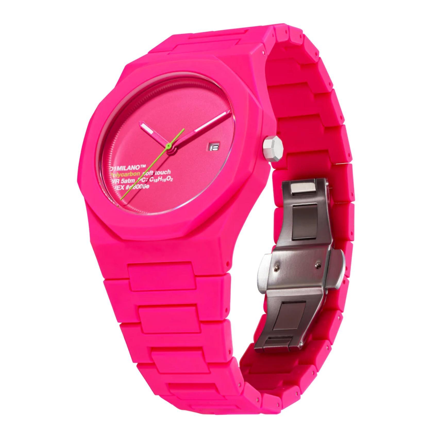 Ρολόι D1 Milano Hot Pink D1-PCBJ32 με ροζ ατσάλινο μπρασελέ και ροζ καντράν 40.5mm με οκτάγωνο σχήμα.
