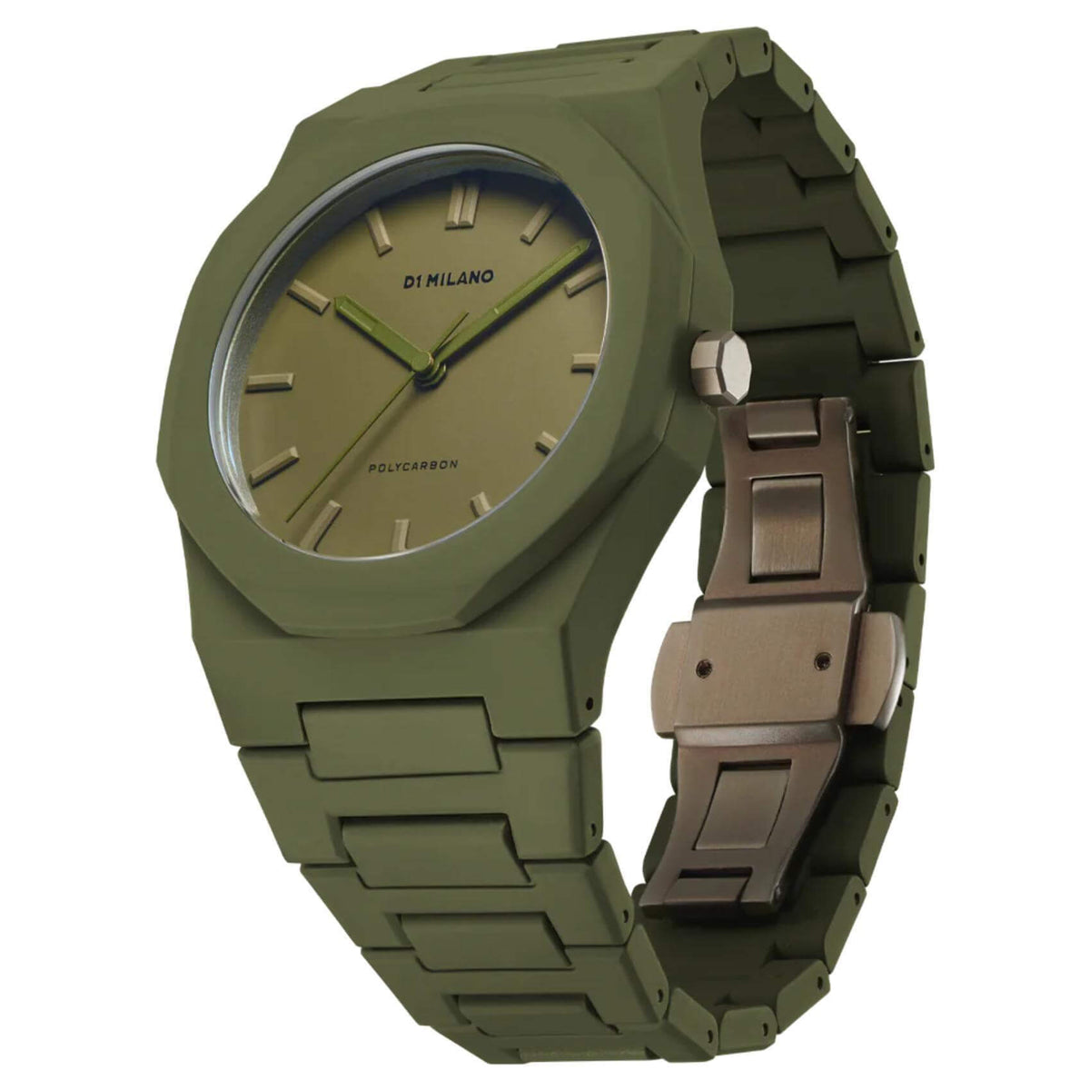 Αντρικό ρολόι D1 Milano Military Green D1-PCBJ22 με χακί polycarbonate μπρασελέ και χακί καντράν 40.5mm με οκτάγωνο σχήμα.