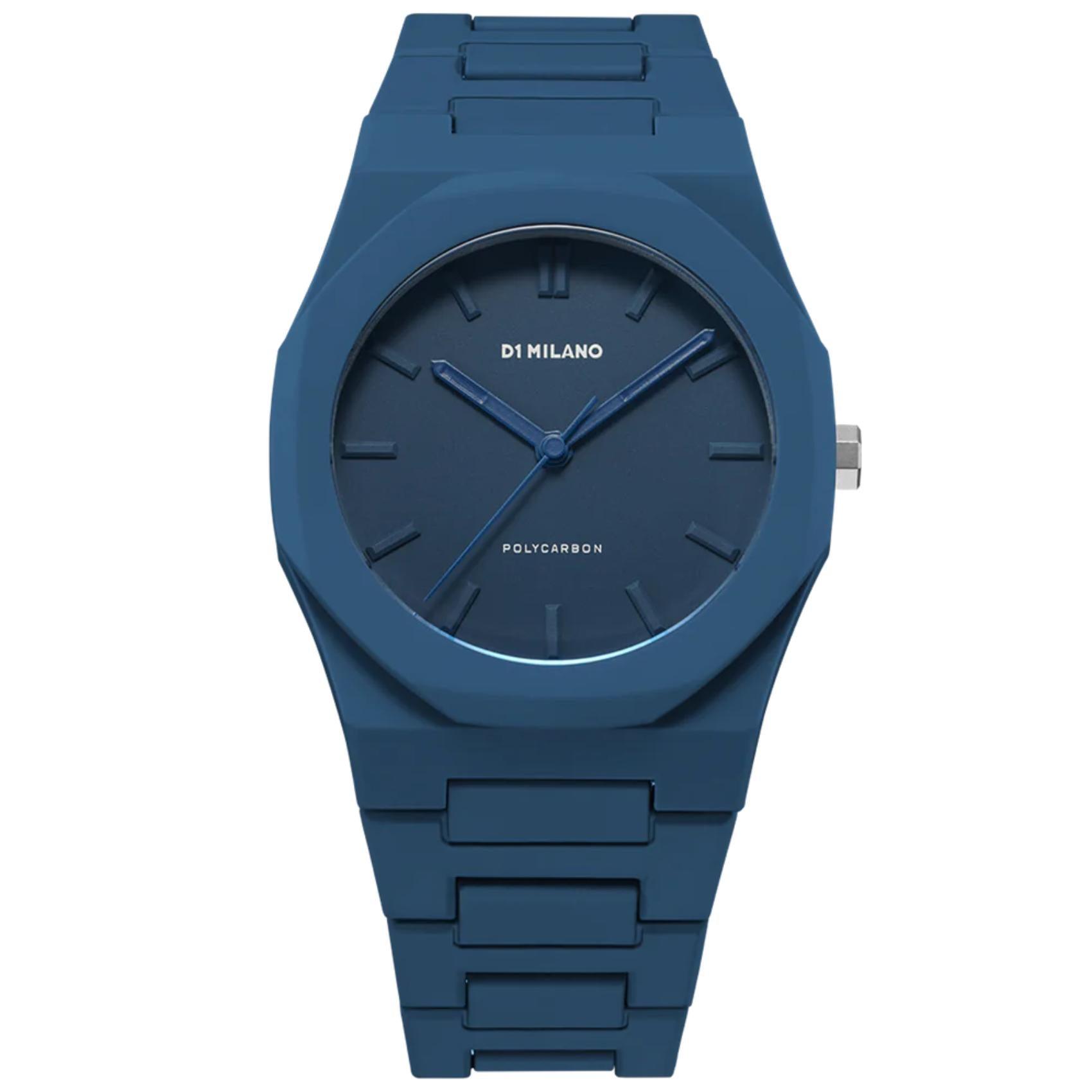 Αντρικό ρολόι D1 Milano Navy Blue D1-PCBJ21 με μπλε polycarbonate μπρασελέ και μπλε καντράν 40.5mm με οκτάγωνο σχήμα.