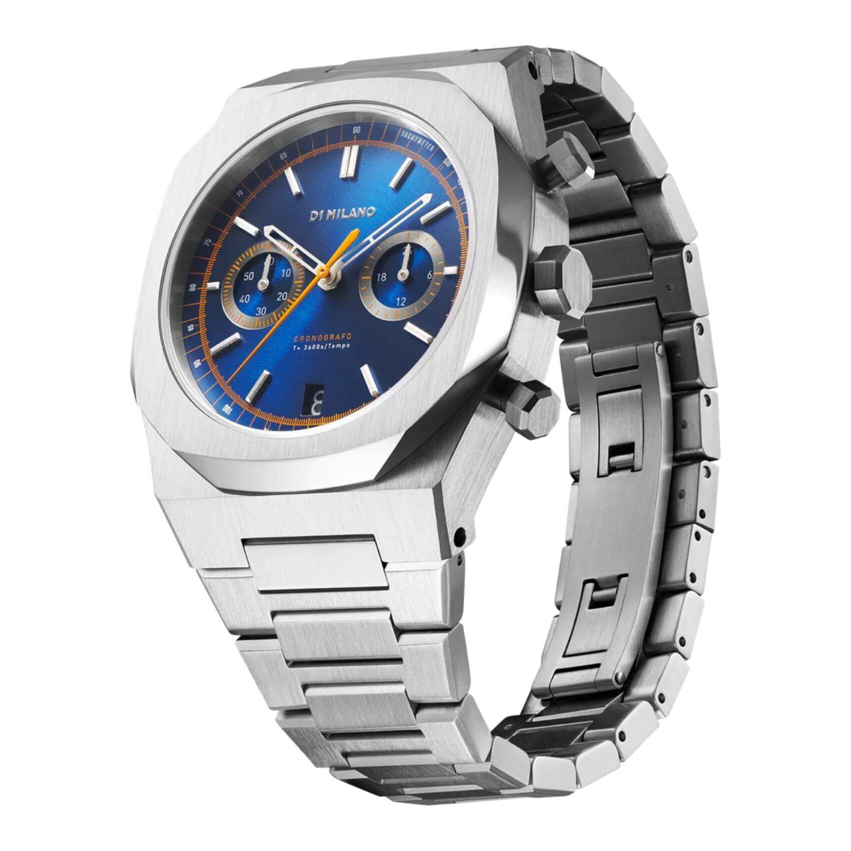 Ρολόι D1 Milano Royal Blue D1-CHBJ09 χρονογράφος με ασημί ατσάλινο μπρασελέ και μπλε καντράν 41.5mm με οκτάγωνο σχήμα.