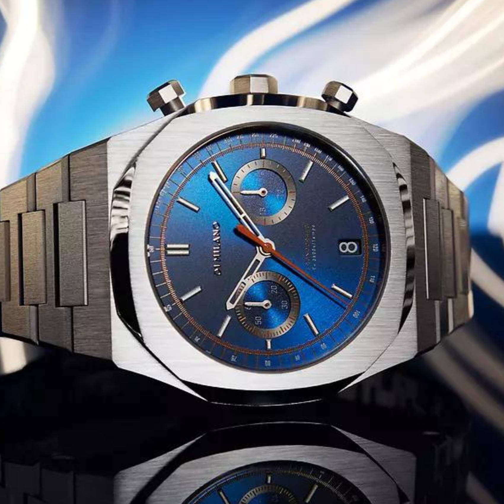 Ρολόι D1 Milano Royal Blue D1-CHBJ09 χρονογράφος με ασημί ατσάλινο μπρασελέ και μπλε καντράν 41.5mm με οκτάγωνο σχήμα.