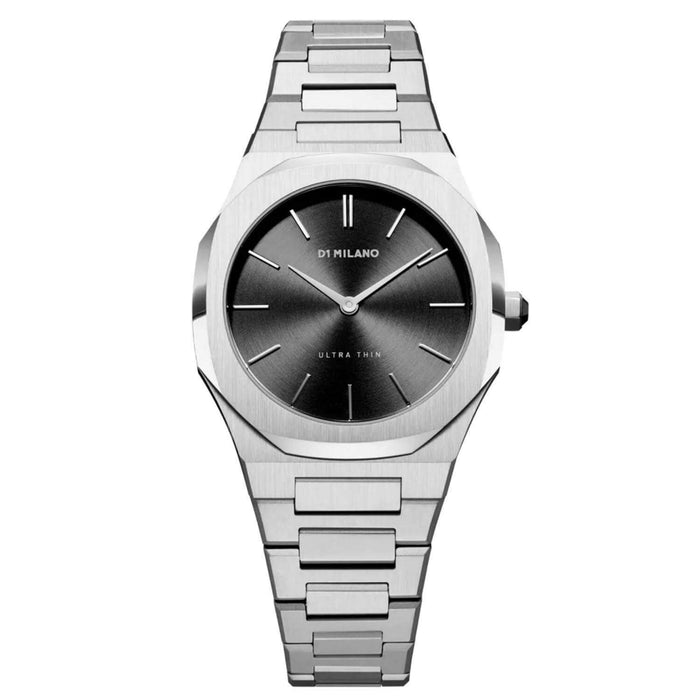 Ρολόι D1 Milano Ultra Thin D1-UTBL05 με ασημί ατσάλινο μπρασελέ μαύρο καντραν και οκτάγωνο στεφάνι με διάμετρο στα 34mm αδιάβροχο στις 5ΑΤΜ-50Μ.
