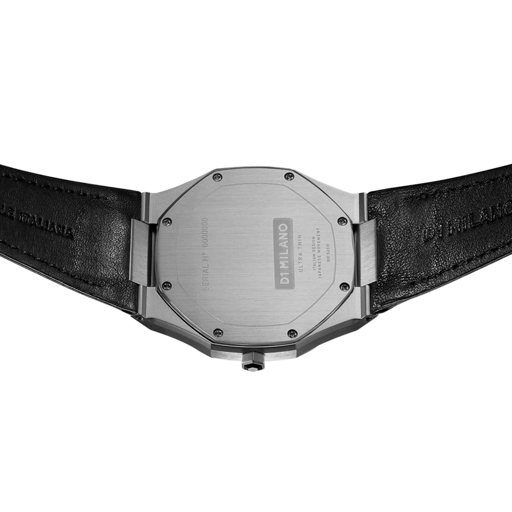 Ρολόι D1 Milano Ultra Thin D1-UTLJ02 με μαύρο δερμάτινο λουράκι, μαύρο καντράν και ασημένια κάσα διαμέτρου 40mm σε οκτάγωνο σχήμα.