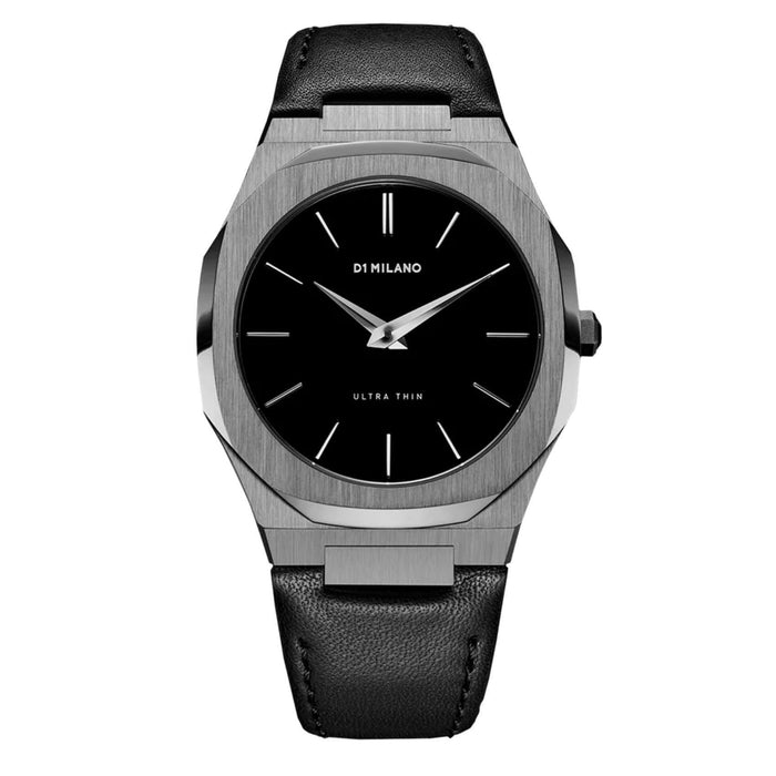 Ρολόι D1 Milano Ultra Thin D1-UTLJ02 με μαύρο δερμάτινο λουράκι, μαύρο καντράν και ασημένια κάσα διαμέτρου 40mm σε οκτάγωνο σχήμα.