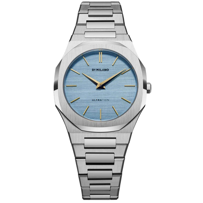 Γυναικείο ρολόι D1 Milano Ultra Thin Dusk D1-UTBL17 με ασημί ατσάλινο μπρασελέ και γαλάζιο καντράν 34mm με οκτάγωνο σχήμα.