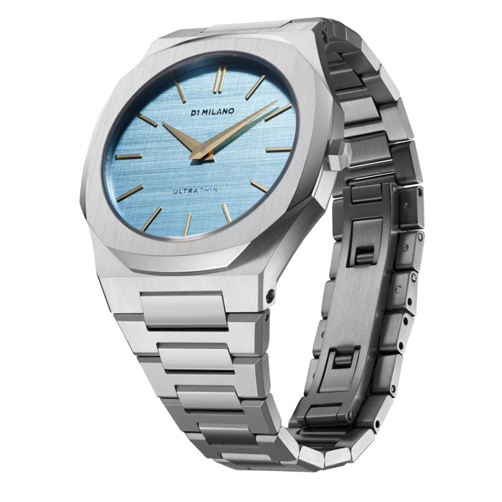 Γυναικείο ρολόι D1 Milano Ultra Thin Dusk D1-UTBL17 με ασημί ατσάλινο μπρασελέ και γαλάζιο καντράν 34mm με οκτάγωνο σχήμα.