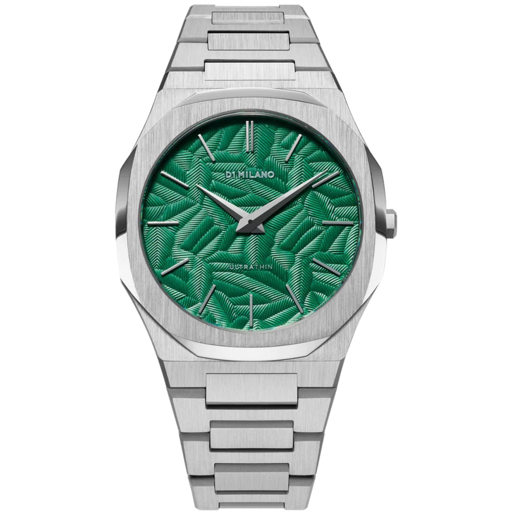 Αντρικό ρολόι D1 Milano Ultra Thin Fir Green D1-UTBJ34 με ασημί ατσάλινο μπρασελέ και πράσινο καντράν 40mm με οκτάγωνο σχήμα.