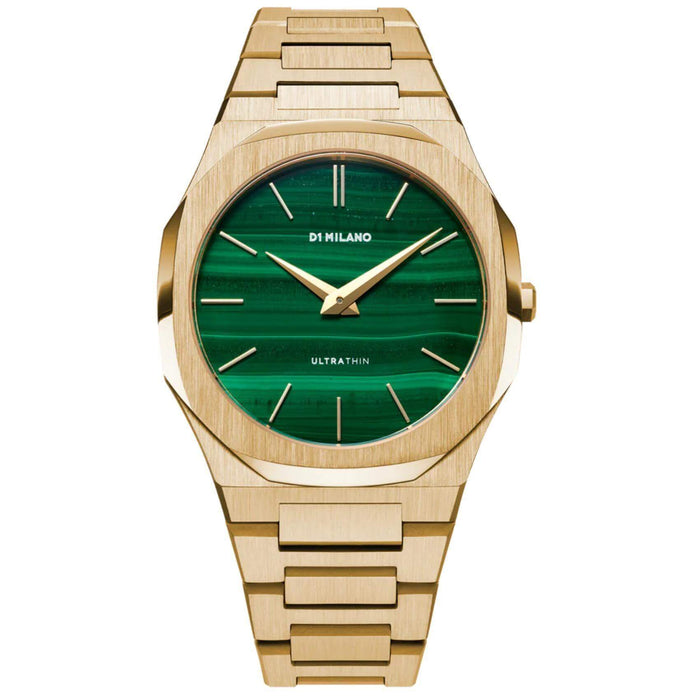 Αντρικό ρολόι D1 Milano Ultra Thin Malachite D1-UTBJ30 με χρυσό ατσάλινο μπρασελέ και καντράν από πράσινο μαλαχίτη 40mm με οκτάγωνο σχήμα.
