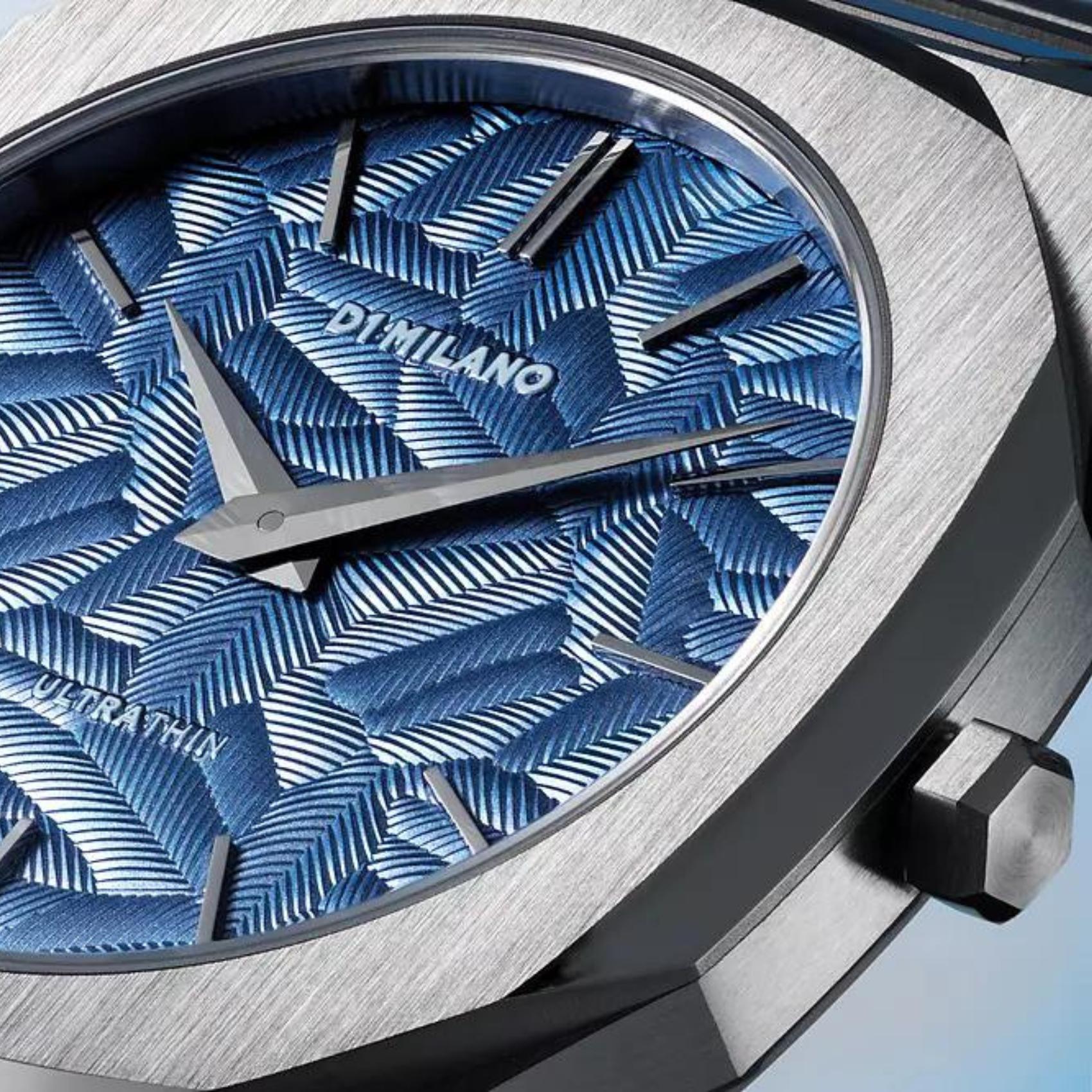 Αντρικό ρολόι D1 Milano Ultra Thin Olympic Blue D1-UTBJ35 με ασημί ατσάλινο μπρασελέ και μπλε καντράν 40mm με οκτάγωνο σχήμα.