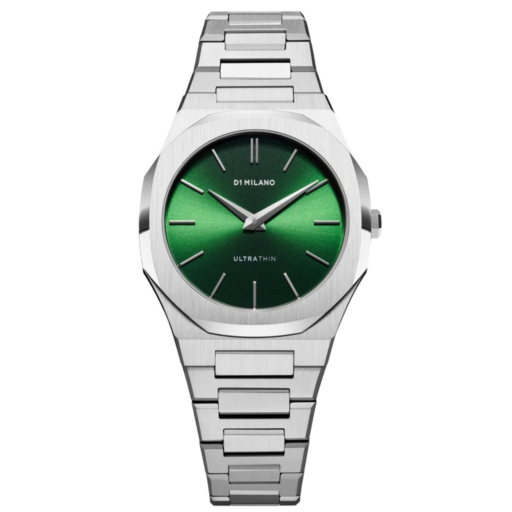Γυναικείο ρολόι D1 Milano Ultra Thin Petite Moss D1-UTBL11 με ασημί ατσάλινο μπρασελέ και πράσινο καντράν 34mm με οκτάγωνο σχήμα.