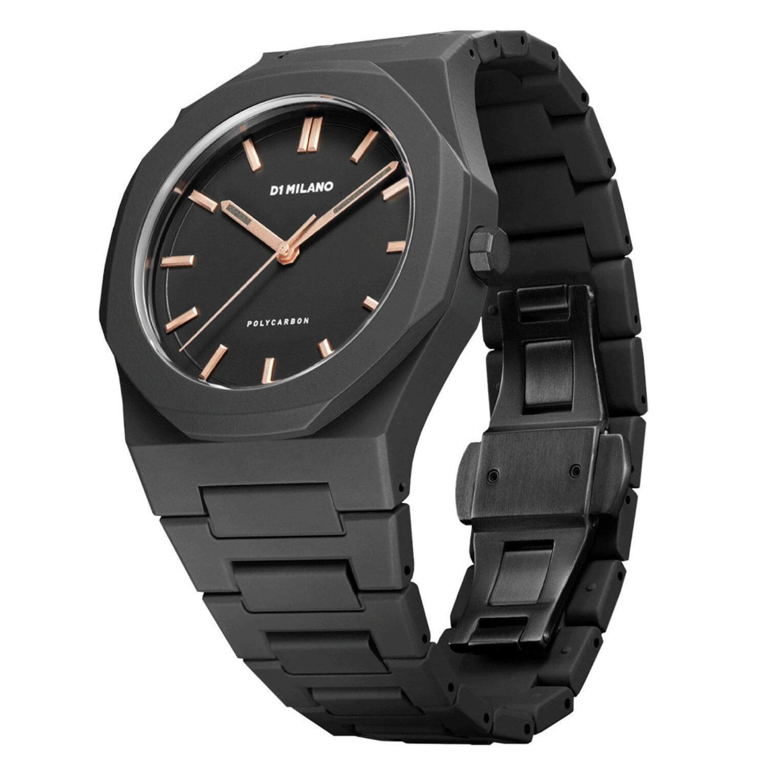 Ρολόι D1 Milano Dawn Light D1-PCBJ12 με μαύρο μπρασελέ από πολυκαρμπονικό, μαύρο καντράν με ροζ χρυσές λεπτομέρειες και οκτάγωνο στεφάνι διαμέτρου 40.5 mm αδιάβροχο στις 5ATM-50M.