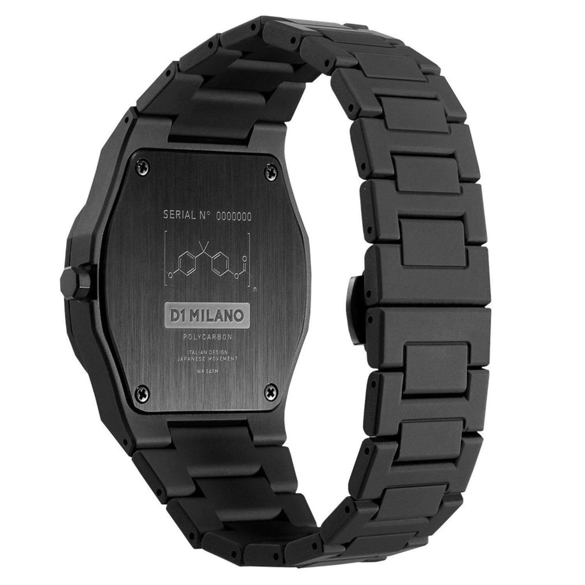 Ρολόι D1 Milano Dawn Light D1-PCBJ12 με μαύρο μπρασελέ από πολυκαρμπονικό, μαύρο καντράν με ροζ χρυσές λεπτομέρειες και οκτάγωνο στεφάνι διαμέτρου 40.5 mm αδιάβροχο στις 5ATM-50M.